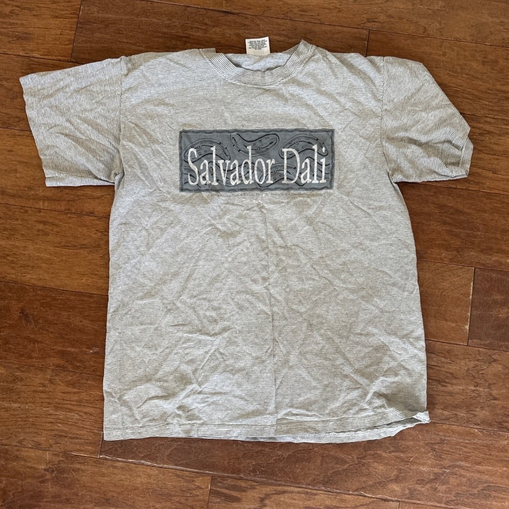 Vintage Salvador Dali Graphic T Shirt Grey White Micro Stripe Kingstree USA L